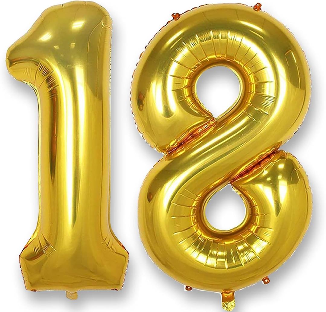 AULE 40 Inch Jumbo Gold Foil Mylar Number Balloons for Boy Girl 18th Birthday Party Decorations 18 Years Old Anniversary Party Supplies