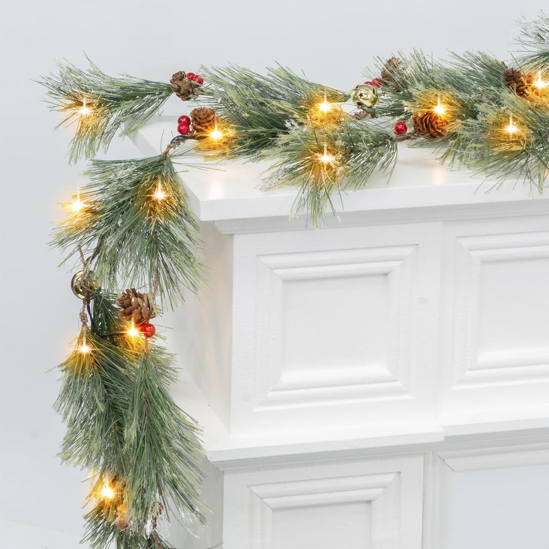 6.5FT Christmas Garland with Lights & Timer, 30 Led Prelit Lighted Cedar Garlands Decorations for Mantle - 8 Lights Modes Garland for Front Door Staircase Window Table Fireplace Kitchen Doorway Decor