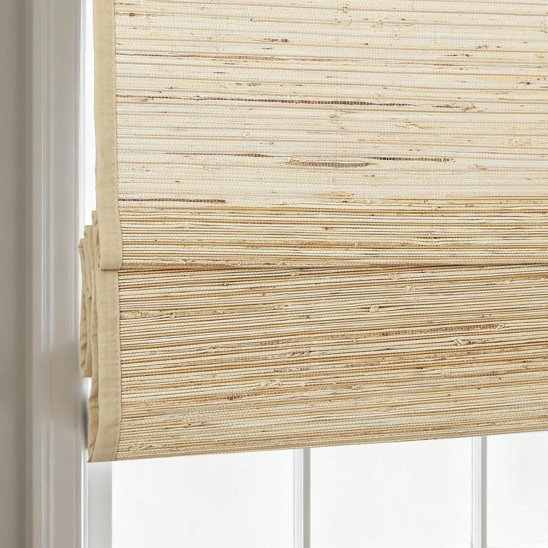 AOZORA Cordless Bamboo Roman Shades, Woven Linen Roman Blinds, Light Filtering Natural Blinds with Border, Woven Beige, 36" W x 48" H