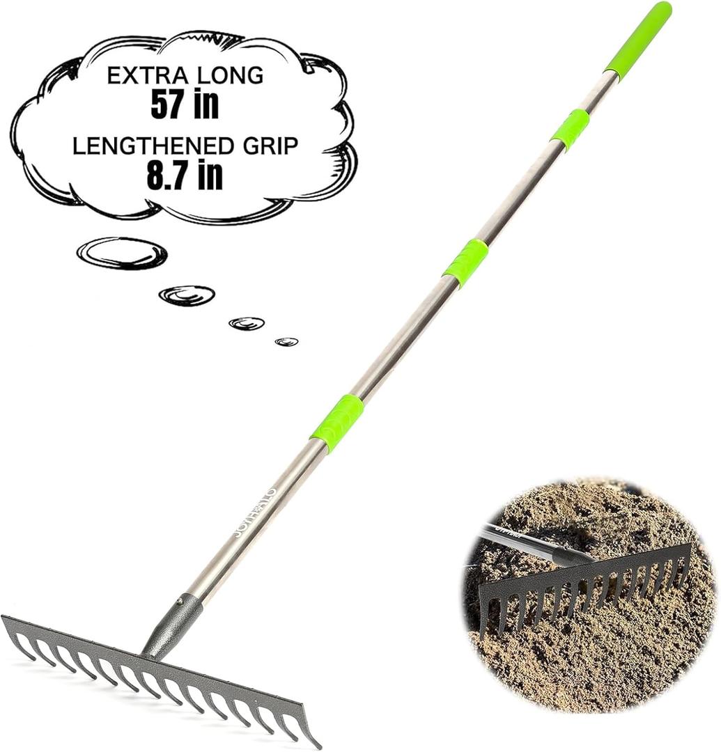 Joyhalo 14-Tine Garden Rake - Adjustable Length 30.5 to 57 Inch, Metal, Levels Soil & Rocks (14 Tines)