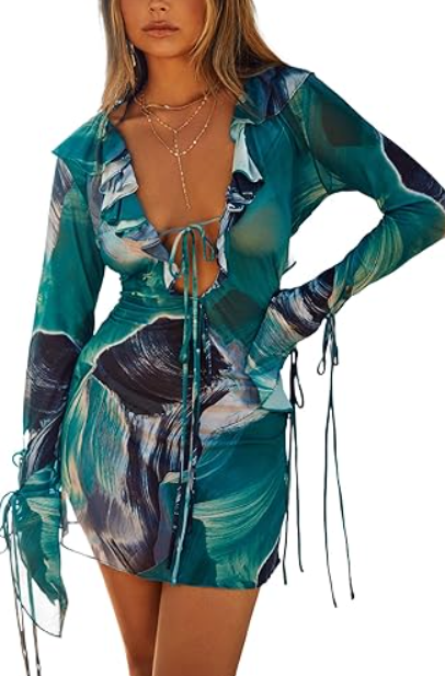 Women's Sheer Mesh Cover Ups Long Sleeve Bodycon Ruched Beach Dress for Swimwear, Medium