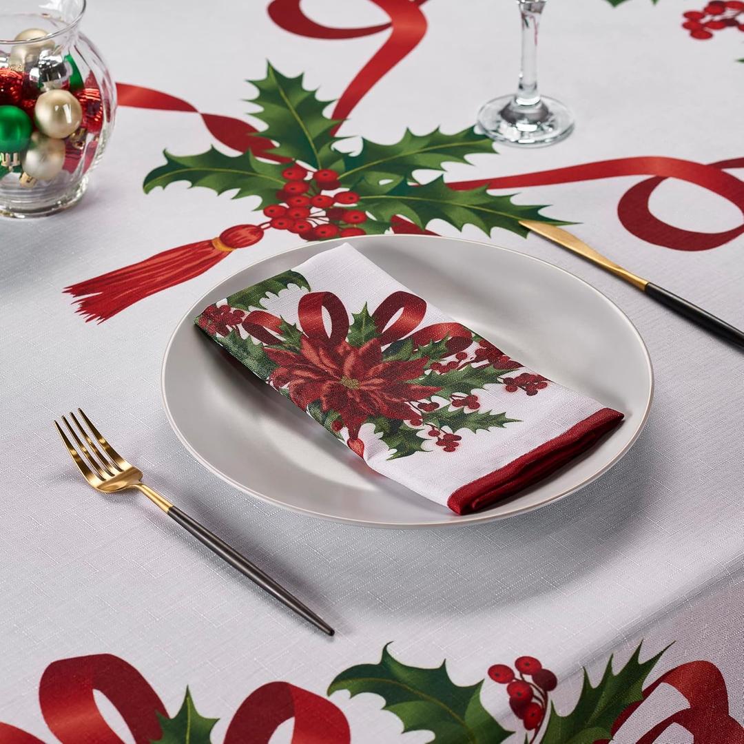 Kadut Christmas Ribbon, Cloth Napkins, (17x17 Inch) Xmas Ribbon Set of 8 Dinner Napkins, Heavy Duty Fabric, Cloth Napkins, for Harvest, Holiday, Fall, Parties & Christmas Dinner.