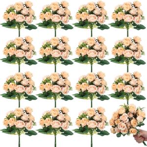 Zeyune 16 Bunches 12 Inch Artificial Mini Rose Bouquet 160 Heads Bridal Flower Bouquets Fake Silk Rose Bulk for Wedding Bridal Shower Christmas Home Office Garden Decoration(Champagne)