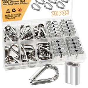 70PCS 1/8" Cable Crimp Wire Rope Aluminum Crimping Loop Sleeve and M3 304 Stainless Steel Wire Rope Cable Thimbles DD041-1/8