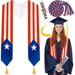 4Pcs Graduation Flag Stole Sash Class of 2026 with Grad Cap Tassel Scroll Honor Cord - Style 2