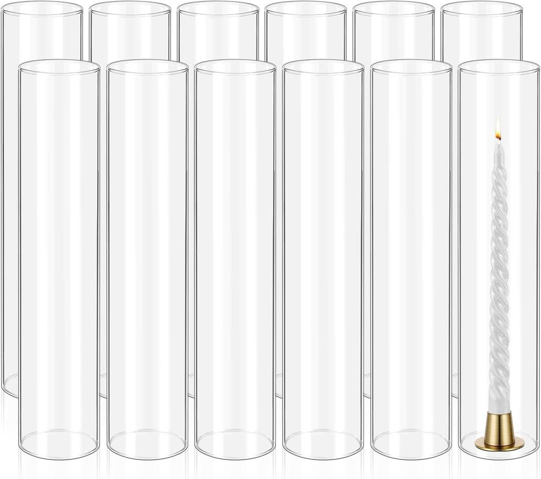12 Pcs Hurricane Candle Holder Sleeve, H:14" D:3" Bottomless Glass Cylinder Candleholder Tall Clear Glass Cylinder Open Both Ends, Chimney Tube Cover, Open Ended Candle Shade