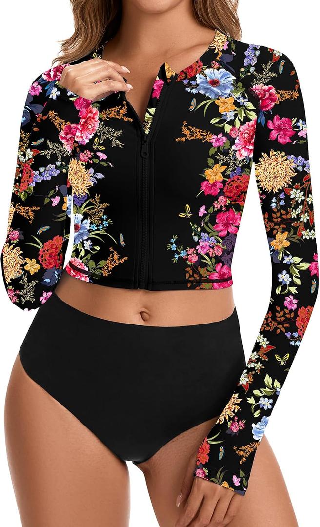 WOWENY Cropped Rash Guard Shirts for Women Long Sleeve with Thumb Holes UPF50+ Surfing Swimsuit Top No Bottom, Large