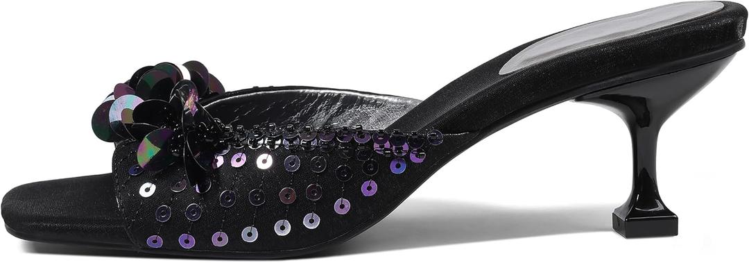 Mattiventon Kitten Heels for Women Comfortable Stiletto Heeled Mule Black Sequin Open Square Toe Slip On Trendy Sandals Prom Party Wedding and Vacation, 7.5