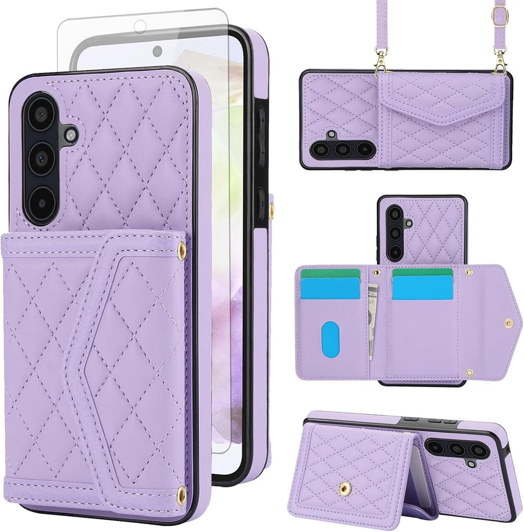 Asuwish Phone Case for Samsung Galaxy A25 5G Wallet Cell Cover with Tempered Glass Screen Protector RFID Blocking Credit Card Holder Slot Crossbody Strap A 25 25A SM-A256U Women Men Girls Purple