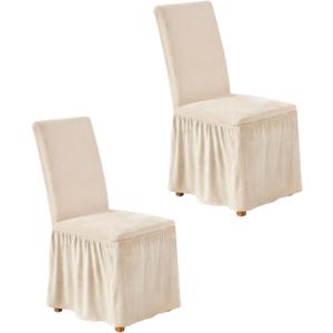 NICEEC Spandex Chair Covers for Dining Chairs Covers Set of 2 Removable Dining Room Chair Covers with Skirt Parson Chair Slipcovers Washable Chair Protector for Kitchen Wedding Party Banquet(Beige)