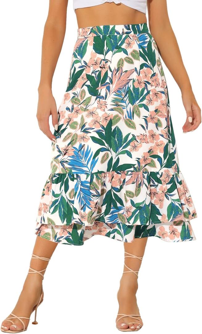 Allegra K Women's Printed Skirt 2025 Weekend Trendy Summer Chiffon Ruffle Tiered Flowy Midi Skirts (Medium, White Pink-floral)