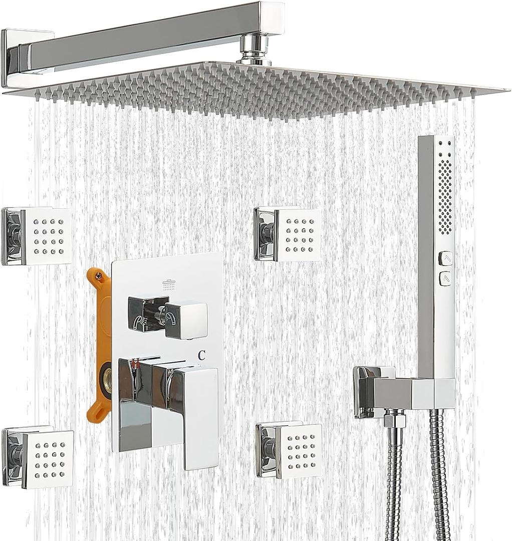 RUMOSE Rainfall Shower System with 4 Body Jets Wall Mounted 4 Mode Shower Faucet Set with 12 Inch Rain Shower Head and 2 in 1 Handheld Spray, Polished Chrome Brass Shower Fixtures, Rough-in Valve