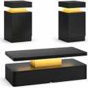 3 Piece Living Room Table Set, Includes 40" LED Coffee Table and 2 LED End Tables with Storage, Modern High Gloss Coffee Table Set for Living Room, Black, 40"+15"