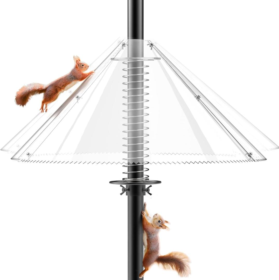 Squirrel Baffle for Bird Feeder Pole - Dynamic Steel Spring-Loaded Wobble Defense, 0.32" Thick Anti-Chew Polycarbonate Guard, Fits 0.4"-1" Round Poles Only, 19 Inch, Metal Buckle, Clear