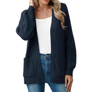 Women Chunky Knit Cardigan Sweater Long Sleeve V Neck Button up Cardigan with Pocket Sweater Coat for Fall and Winter, Size: M