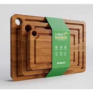 Bamboo Cutting Board for Kitchen, 3-Piece Set with Juice Grooves, Side Handles & Non-Slip Mats  Durable Bamboo Chopping Board for Meat, Vegetables and Fruits