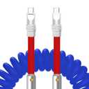 chubbycable Curly Colorblock Chubby 240W Coiled USB C Cable Braided Silicone Retractable Fast Charging Cable Compatible with iPhone 17-15 Series, Dark Blue+Red, Type-C to Type-C, 2.29FT-3.6FT