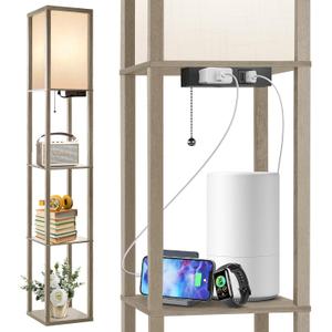 OUTON Floor Lamp with Shelves, LED Shelf Floor Lamp with 1 USB & 1 Type C Ports, 1 AC Outlet, 3 Color Temperature, Storage Display Wood Column Tall Standing Lamp for Living Room, Bedroom Office, Grey (Gray)