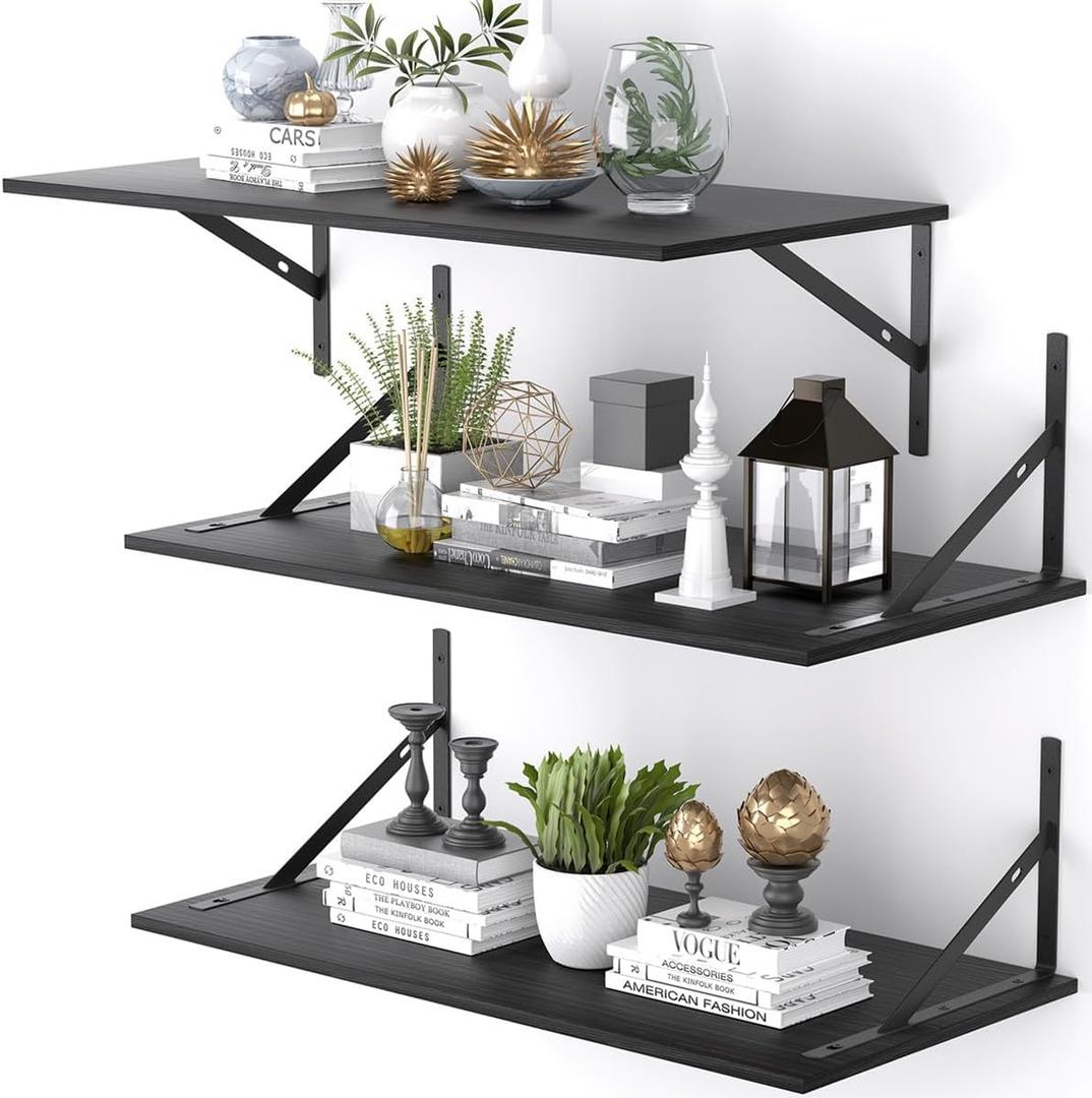 Deep Floating Shelves for Wall Set of 3, 24W x 12 Inch Deep Black Floating Shelves, Wide Floating Wall Mounted Shelves for Living Room, Kitchen, Office, Bedroom, Bathroom, Laundry Room
