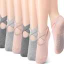 Geyoga 6 Pairs Pilates Socks for Women Non-slip Yoga Socks with Grip Strap for Barre Ballet Dance Barefoot Workout Plasticity (One Size, Nude Gray Dark Gray)