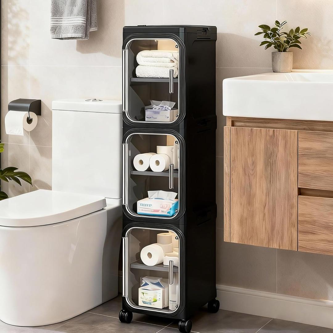 3-Tier Tall Narrow Storage Cabinet, Slim Bathroom Storage Cabinet with Adjustable Shelves and Wheels, Narrow Organizer for Small Space, Bathroom, Kitchen, Laundry, Black