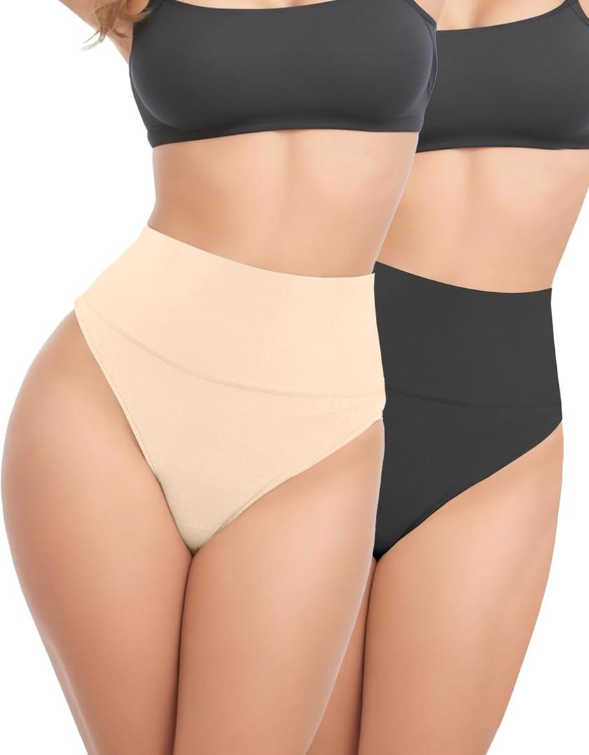 2 PACK Thong Shapewear Tummy Control, Shaping Seamless Underwear for Women, Body Shaper Tummy Control Panties Girdle (Small, Black Nude)