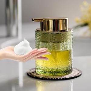 CICUFY Glass Foaming Dispenser - Refillable Lotion or Soap Dispenser for Kitchen & Bathroom, Large Gold Pump (Leaf Pattern - Green)