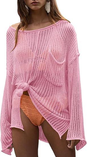 Saodimallsu Womens Sheer Swimsuit Coverup Top Bell Long Sleeve Mesh Ribbed Boat Neck Side Slit Beach Vacation Outfits Size L Pink
