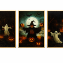 Spooky Halloween Ghost Lighted Pumpkin Framed Canvas Wall Art Set,Gothic Inspired Cute Black Cat Witch Hat Wall Decor,Vintage Foggy Forest Castle Artwork for Living Room, Bedroom-16 x24 x1