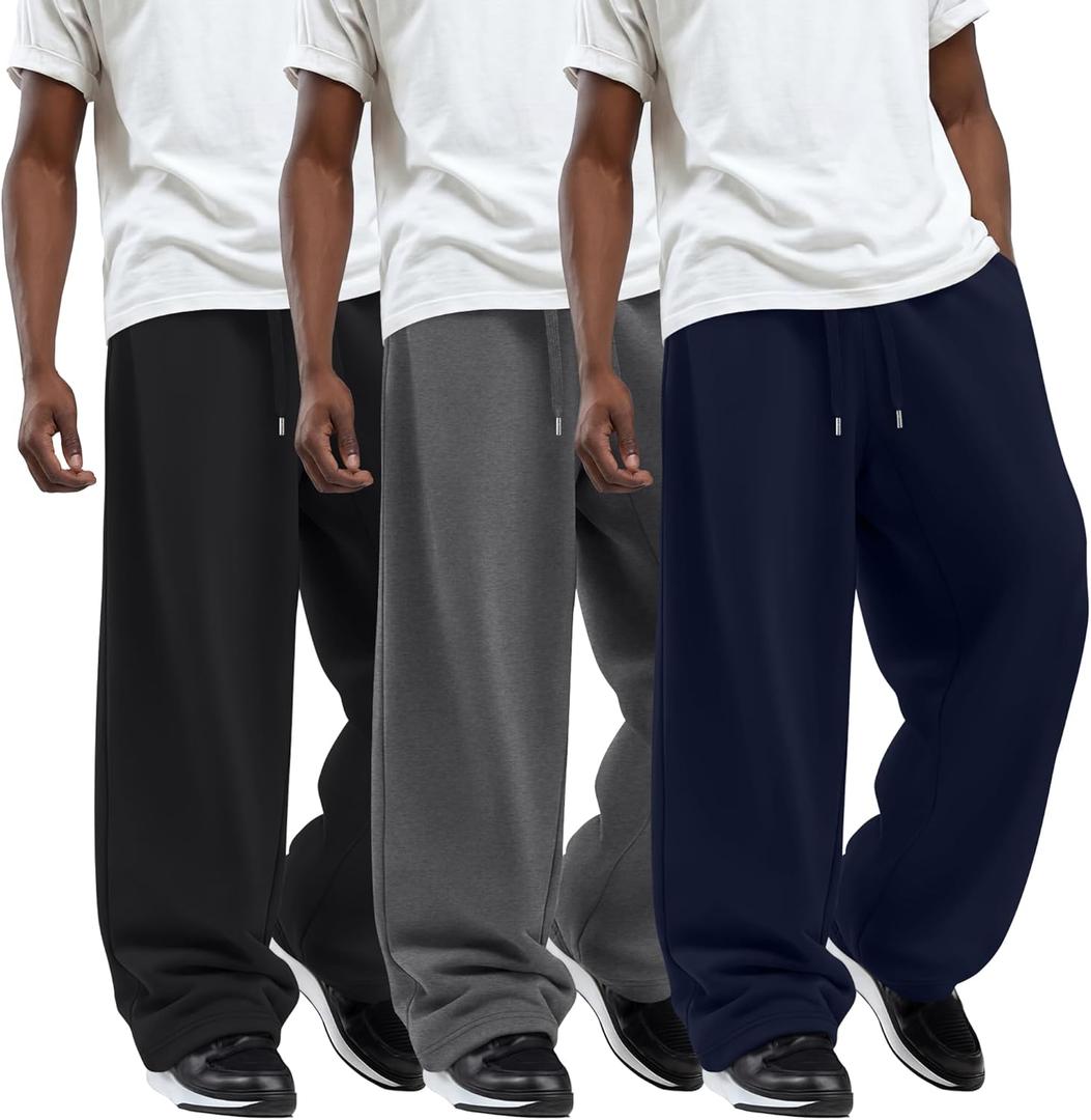 3 Pack Men's Big and Tall Sweatpants Wide Leg Open Bottom Baggy Joggers Casual Drawstring Pants with Pockets (XXXL)