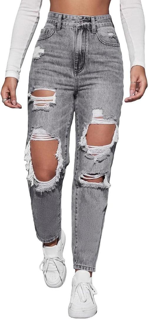 Women's High Waist Straight Leg Ripped Jeans Distressed Denim Pants (Black, XL)