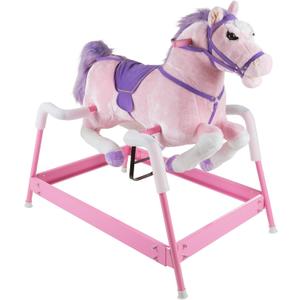 Spring Rocking Horse - Plush Bouncy Ride-On Toy with Fun Sounds, Wood Handles, and Adjustable Stirrups for Kids Ages 3 to 6 by Happy Trails (Pink)
