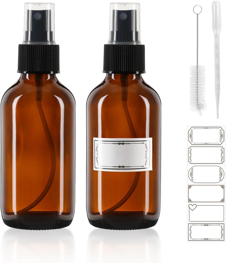 120ml Glass Spray Bottles with Fine Mist Sprayer 2Pack, Small Amber Glass Spray Bottles 4 oz for Perfumes,Cleaning Products,Pet Spray (4fl.oz, Set of 2)