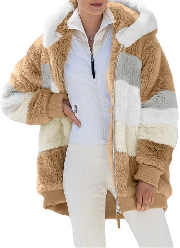 Dokotoo Womens 2025 Winter Fuzzy Fleece Jacket Hooded Color Block Patchwork Cardigan Coats Outerwear with Pockets (Small)