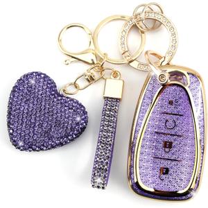 Key Fob Cover for Chevy with Diamond Keychain for Women Car Key Holder Compatible with Chevrolet Equinox Malibu Cruze Traverse Camaro Trax Blazer Volt Bolt Protector, 4 Buttons (Purple-Heart)
