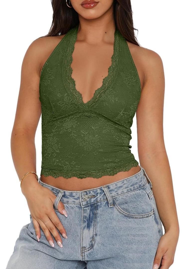 REORIA Women's V Neck Lace Halter Backless Double Lined Tank Top Size XL