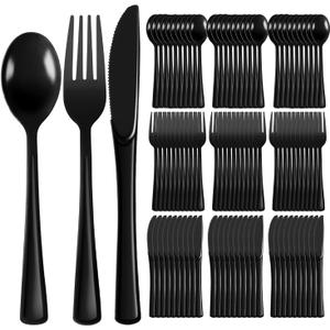 Plastic Silverware 150 PCS Disposable Silverware Heavy Duty Utensil Sets 50 Of Each Forks Knives & Spoons Disposable Cutlery Set For Easter,Birthday,Baby Shower,Garden Party,Wedding(150,Black)