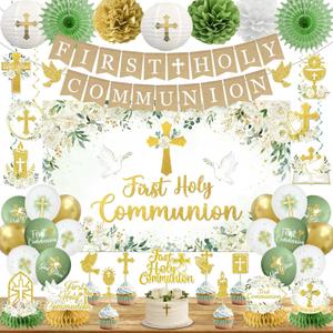 First Communion Decorations, Sage Green Baptism Decorations includes First Holy Communion Banner Backdrop God Bless Hanging Swirls Balloons, for Primera Comunion Decoration Boys and Girls
