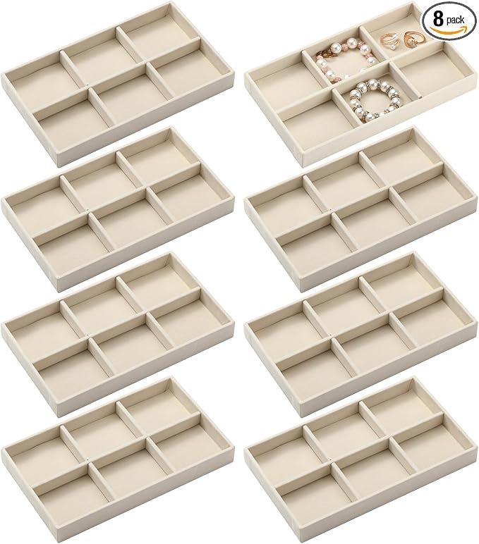 Highergo 8 Pcs Velvet Jewelry Trays Stackable Drawers Organizer Ring Earring Bracelet Necklace Storage Trays, 8.3x4.7x1''(6 Grids)