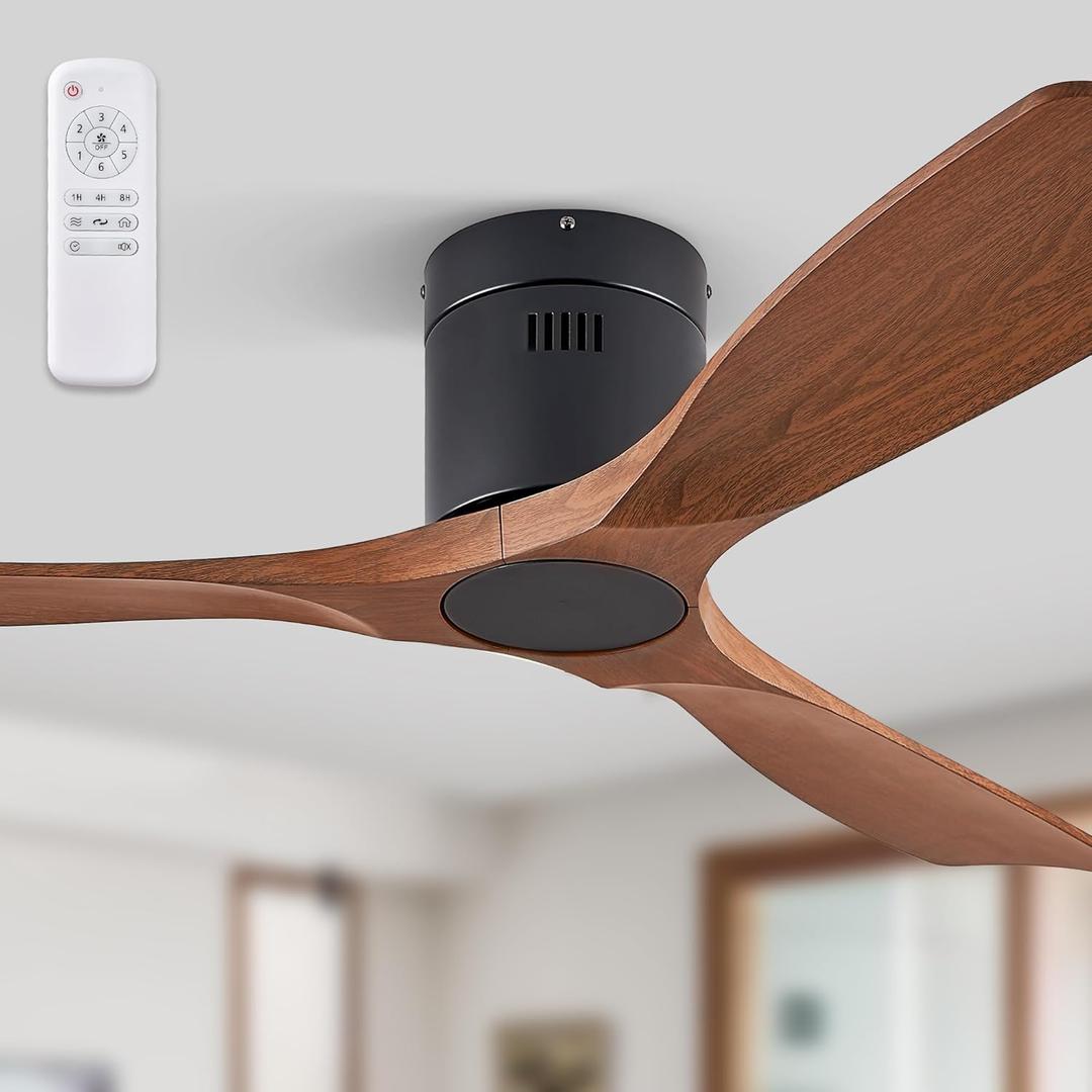 52" Ceiling Fans without Lights, Flush Mount Ceiling Fan with Remote Control Modern,Low Profile Ceiling Fans with 6-Speeds Reversible DC Motor for Patio Living Room Bedroom(Walnut)