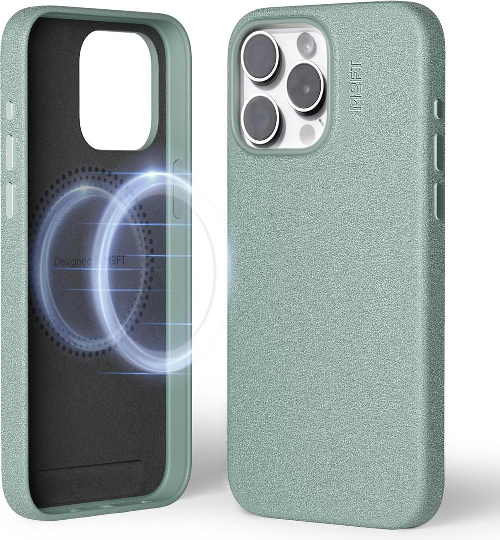 MOFT Designed for iPhone 15 Pro Max Case, MOVAS Vegan Leather Soft & Smooth & Anti-Scratch Protective Phone Case, Compatible with MagSafe, Fine Fiber Lining, Lifted Camera Ring Magnetic Case, Seafoam