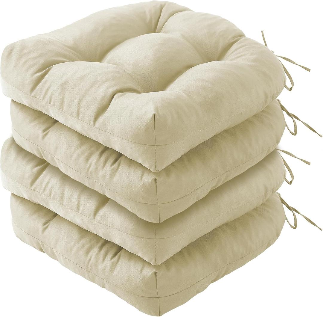 IPYNBAP Outdoor Chair Cushions Set of 4, Patio Chair Cushions with Ties, 19x19+5 Tufted Outdoor Seat Cushions, Waterproof Patio Furniture Cushions, Outdoor Dining Chair Pads, Beige