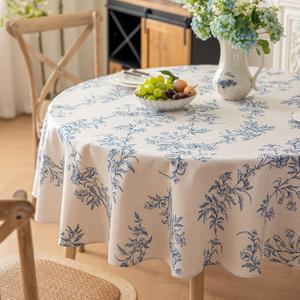 Qidordour Round Tablecloth, 48 inch Diameter, Faux Linen Table Cloth, Water Resistant Spill-Proof Wipeable Polyester Dining Table Cover for Kitchen Cafe Buffet Tabletop Decoration, Vintage Blue Floral