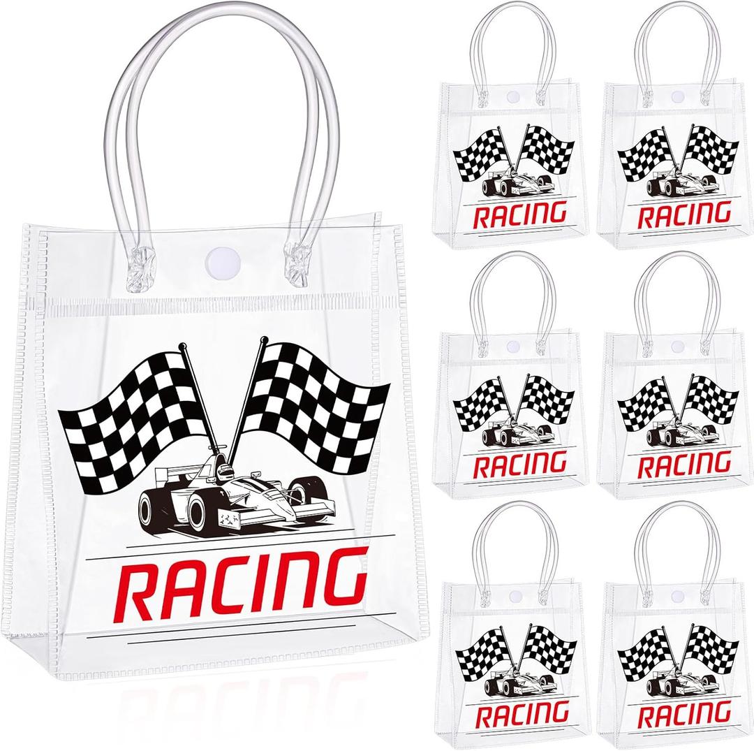 Sweetude 24 Pcs Race Car Party Checkered Favors Bags Bulk with Handle Racing Checkered Party Favor Clear PVC Goodie Candy Treat Tote Transparent Gift Bags for Birthday Decorations Rewards Supplies
