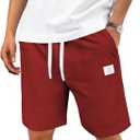 Men's Corduroy Shorts Casual Elastic Drawstring Lightweight Summer Beach Shorts with Pockets (Red, M)