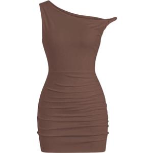 SOLY HUX Women's Summer Mini Dresses Off The Shoulder Ruched Bodycon Graduation Dress Sexy Going Out Party Club Outfits Plain Brown, Size S