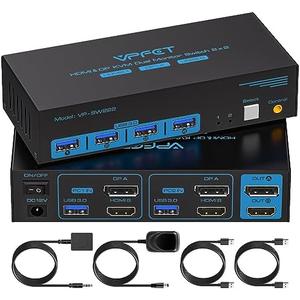 4K@120Hz Kvm Switch 2 Monitors 2 Computers 8K@60Hz HDMI Displayport Dual Monitor KVM Switches 2 Ports for 2 PC Share Mouse Keyboard and 2 Screens with USB 3.0 Cables and Extended Controller