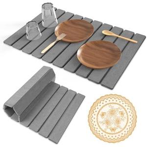 Hoborato Stone Dish Drying Mat,24"(L)×16"(W) - Fast-Drying, Collapsible Kitchen Counter Mat for Dishes, Cups & Bottles with Sanding Tool + Placemat, Dark gray