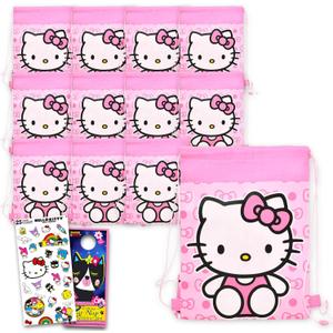 Hello Kitty Party Favor Bags Set - Bundle with 12 Hello Kitty Drawstring Bags for Kids and Stickers | Sanrio Birthday Party Supplies