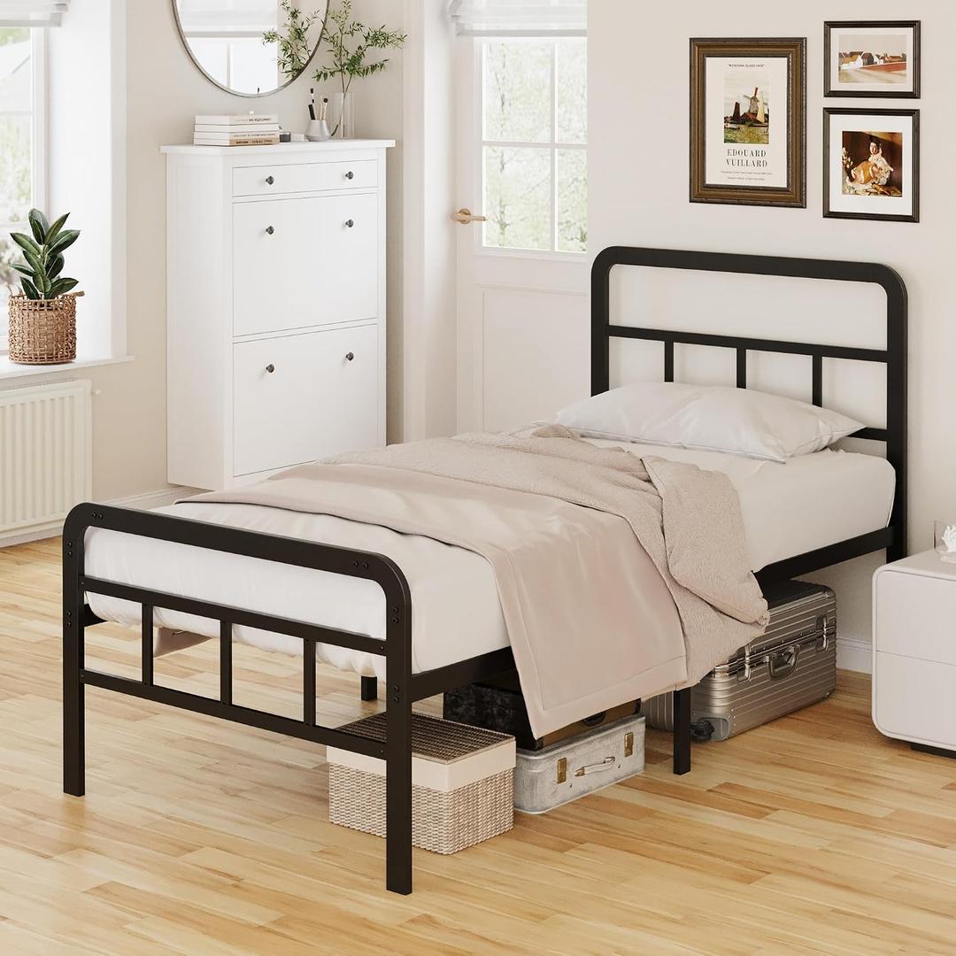 EMODA 16 Inch Twin Size Bed Frames with Headboard and Footboard, Heavy Duty Metal Slats Support Twin Platform, No Box Spring Needed, Easy Assembly